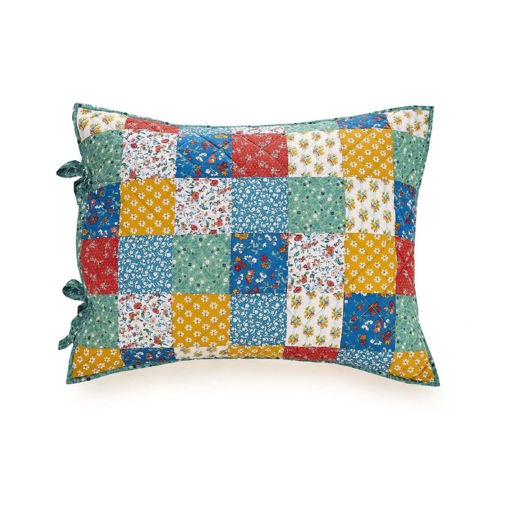 Pioneer Woman Floral Patchwork Pillow Sham Set King Sz 2Pc Blue Green Yellow